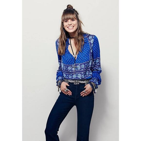 FREE PEOPLE Boho Blue & Purple Floral Tunic Blouse Top - Picture 16 of 16